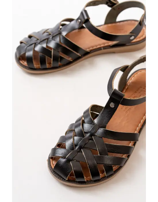 Siyah Ortopedik Hakiki Deri Kadın Sandalet