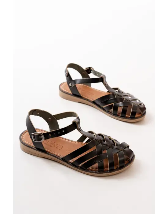 Siyah Ortopedik Hakiki Deri Kadın Sandalet