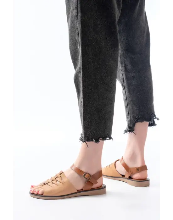 205-029 Bej Ortopedik Hakiki Deri Kadın Sandalet