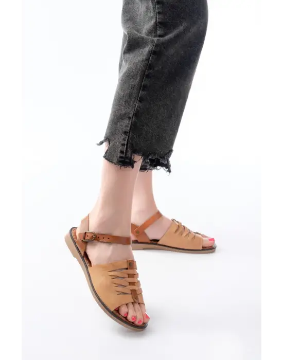 205-029 Bej Ortopedik Hakiki Deri Kadın Sandalet