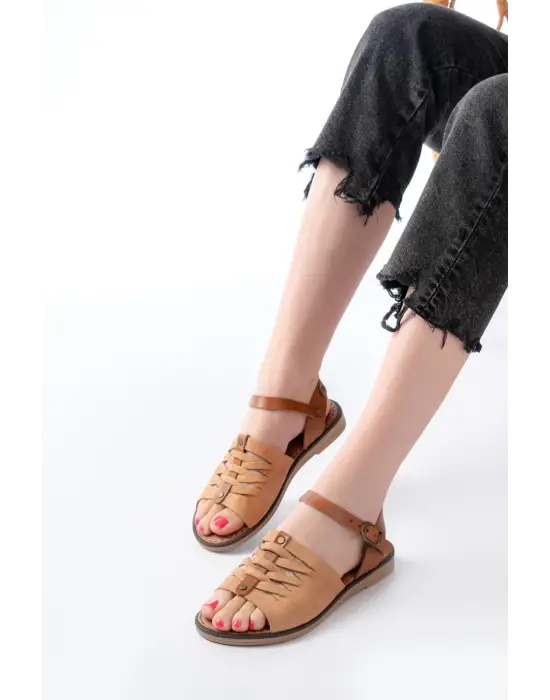 205-029 Bej Ortopedik Hakiki Deri Kadın Sandalet