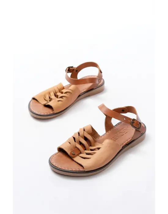 205-029 Bej Ortopedik Hakiki Deri Kadın Sandalet