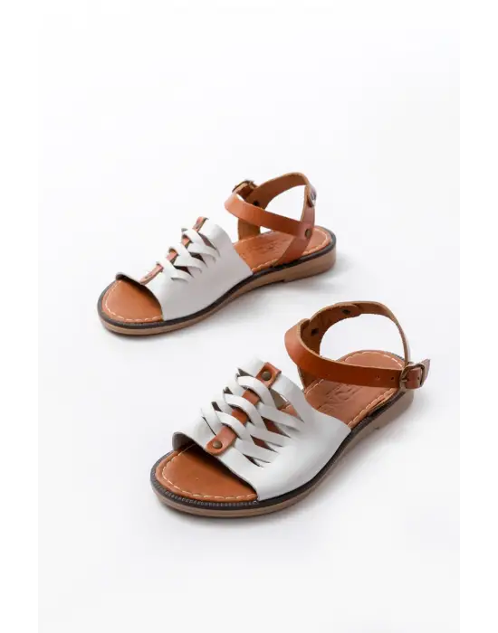 205-029 Beyaz Ortopedik Hakiki Deri Kadın Sandalet