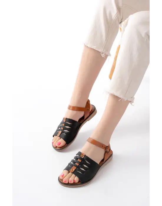 205-029 Siyah Ortopedik Hakiki Deri Kadın Sandalet