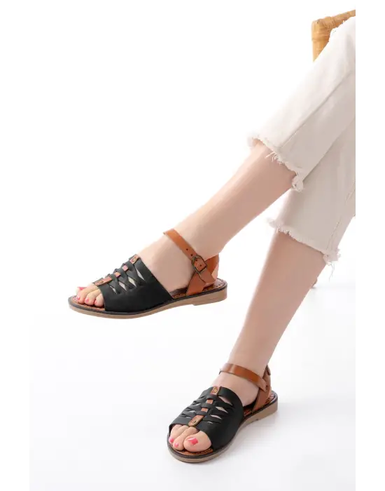 205-029 Siyah Ortopedik Hakiki Deri Kadın Sandalet