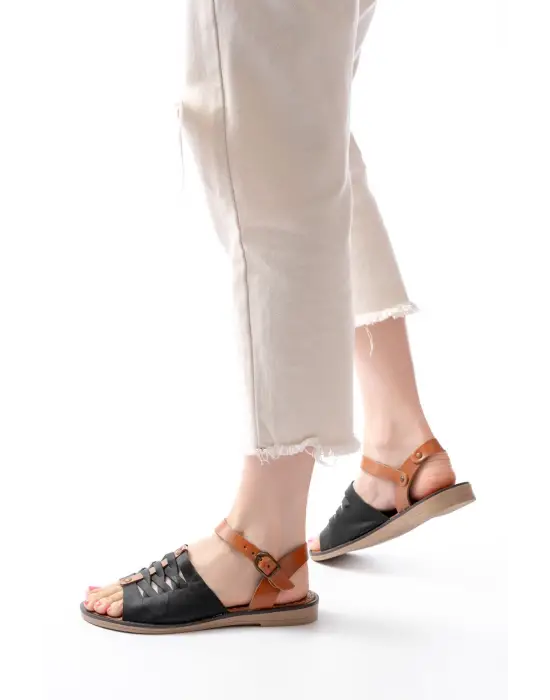 205-029 Siyah Ortopedik Hakiki Deri Kadın Sandalet