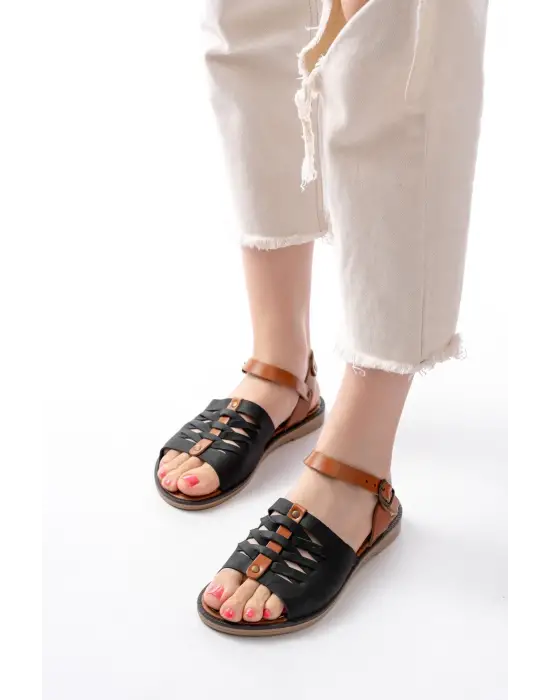 205-029 Siyah Ortopedik Hakiki Deri Kadın Sandalet