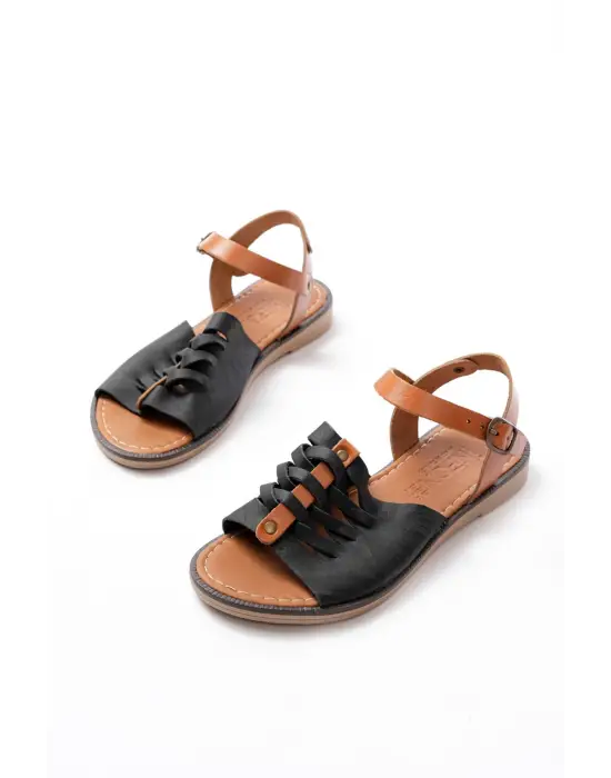 205-029 Siyah Ortopedik Hakiki Deri Kadın Sandalet
