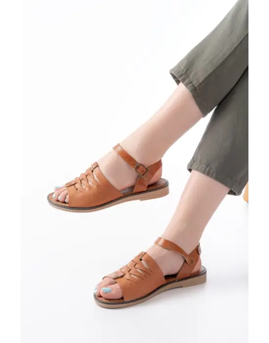 205-029 Taba Ortopedik Hakiki Deri Kadın Sandalet