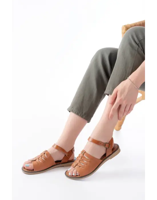 205-029 Taba Ortopedik Hakiki Deri Kadın Sandalet