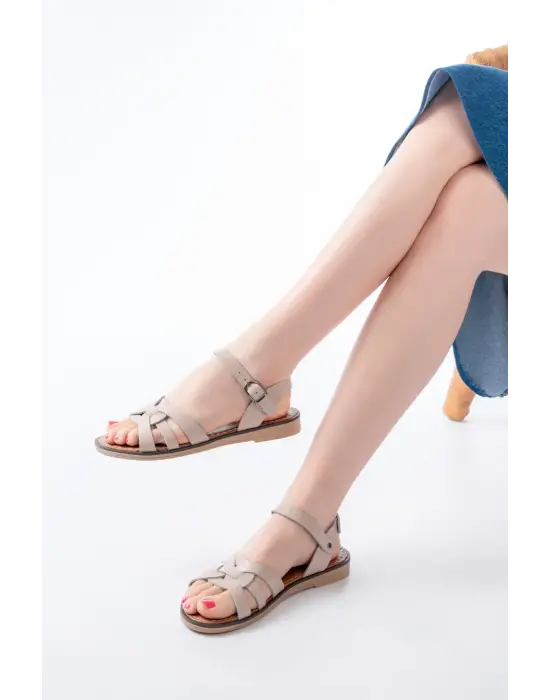 205-030 Bej Hakiki Deri Ortopedik Taban Kadın Sandalet