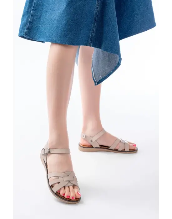 205-030 Bej Hakiki Deri Ortopedik Taban Kadın Sandalet