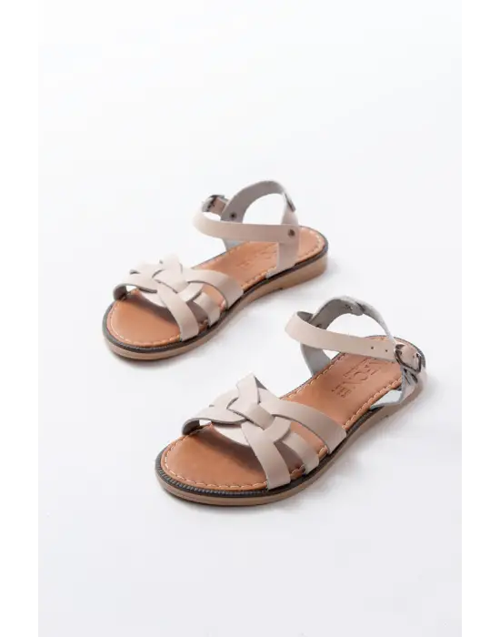 205-030 Bej Hakiki Deri Ortopedik Taban Kadın Sandalet
