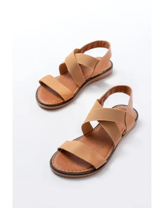 205-04 Bej Tek Bantlı Lastikli Hakiki Deri Ortopedik Taban Kadın Sandalet