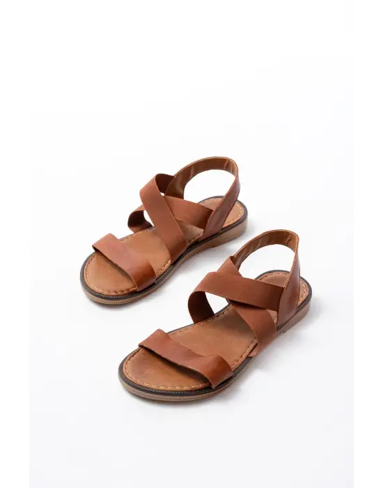 205-04 Taba Tek Bantlı Lastikli Hakiki Deri Ortopedik Taban Kadın Sandalet