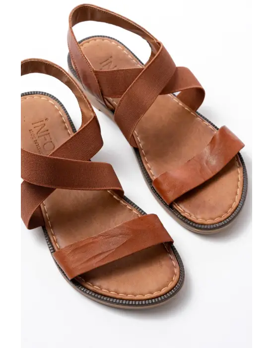 205-04 Taba Tek Bantlı Lastikli Hakiki Deri Ortopedik Taban Kadın Sandalet