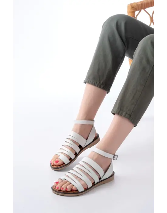 205-041 Beyaz Ortopedik Hakiki Deri Kadın Sandalet