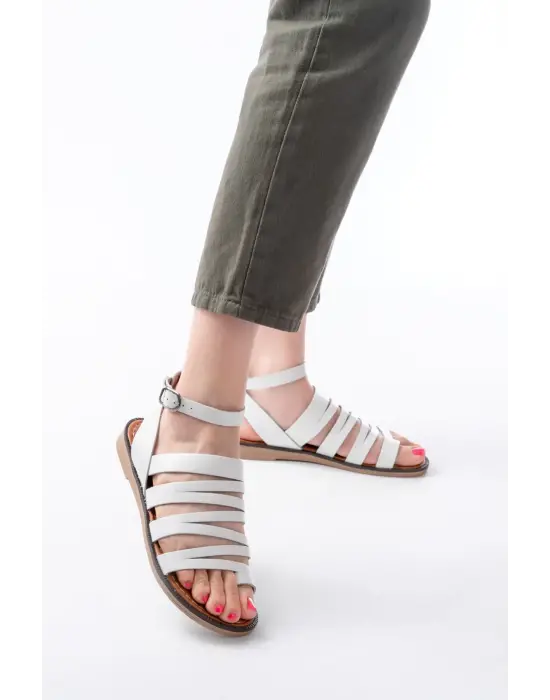 205-041 Beyaz Ortopedik Hakiki Deri Kadın Sandalet