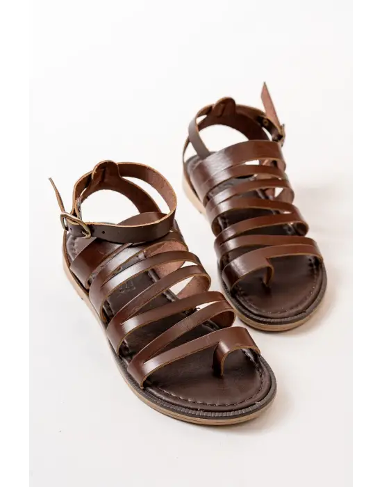 Koyu Kahve Ortopedik Hakiki Deri Kadın Sandalet