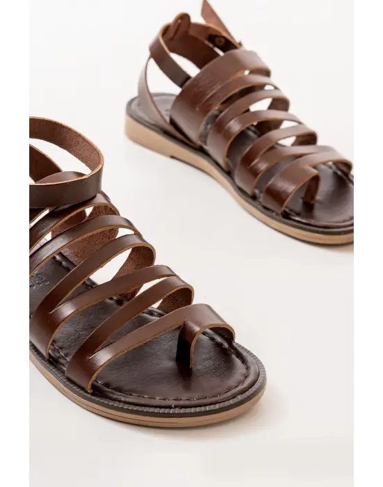 Koyu Kahve Ortopedik Hakiki Deri Kadın Sandalet