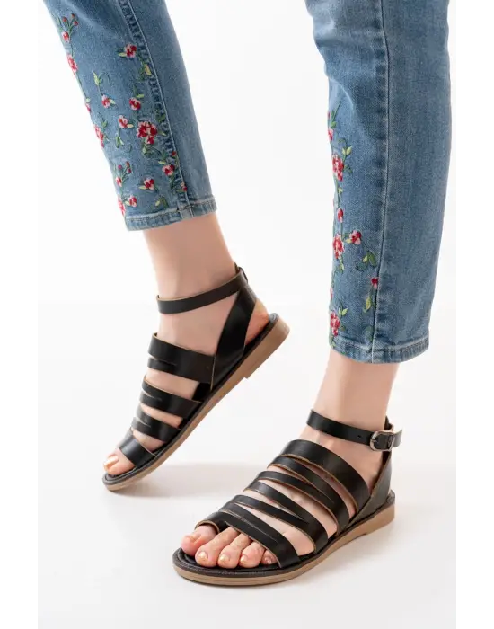 Siyah Ortopedik Hakiki Deri Kadın Sandalet