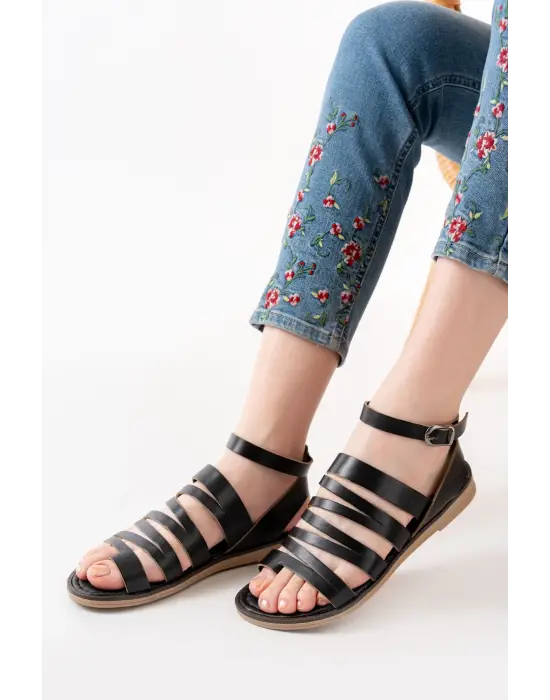 Siyah Ortopedik Hakiki Deri Kadın Sandalet