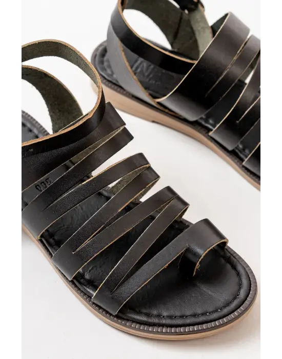 Siyah Ortopedik Hakiki Deri Kadın Sandalet