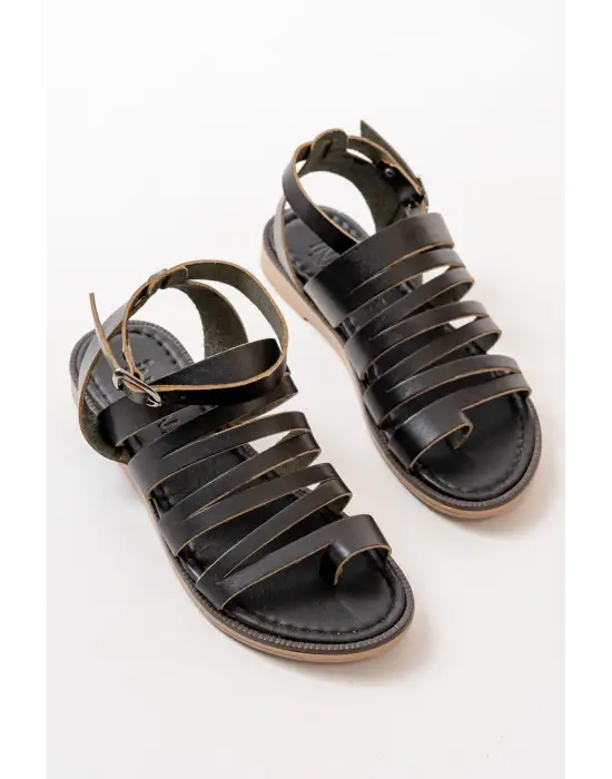 Siyah Ortopedik Hakiki Deri Kadın Sandalet