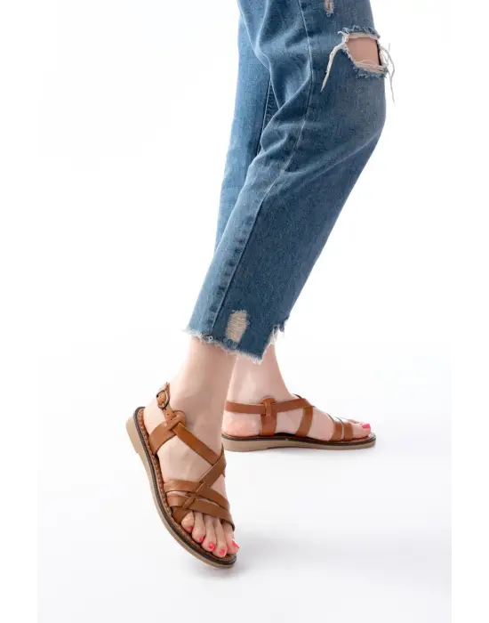 205-05 Taba Ortopedik Hakiki Deri Kadın Sandalet
