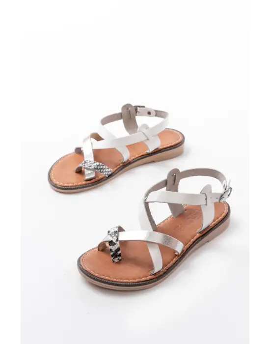 205-08 Beyaz Garni  Ortopedik Hakiki Deri Kadın Sandalet