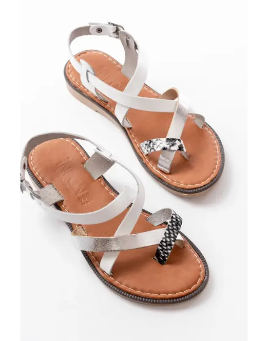 205-08 Beyaz Garni  Ortopedik Hakiki Deri Kadın Sandalet