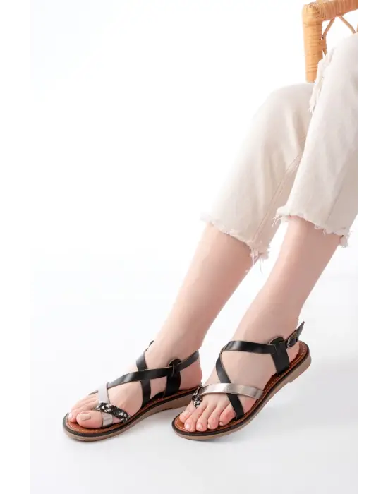 205-08 Siyah Garni  Ortopedik Hakiki Deri Kadın Sandalet