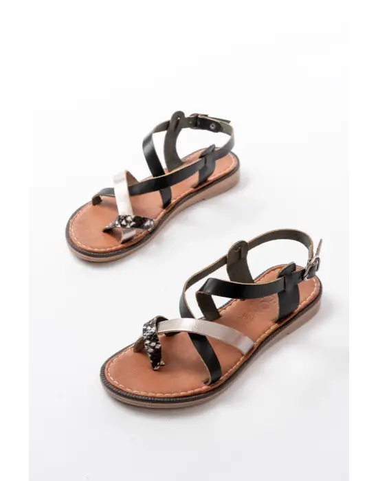 205-08 Siyah Garni  Ortopedik Hakiki Deri Kadın Sandalet