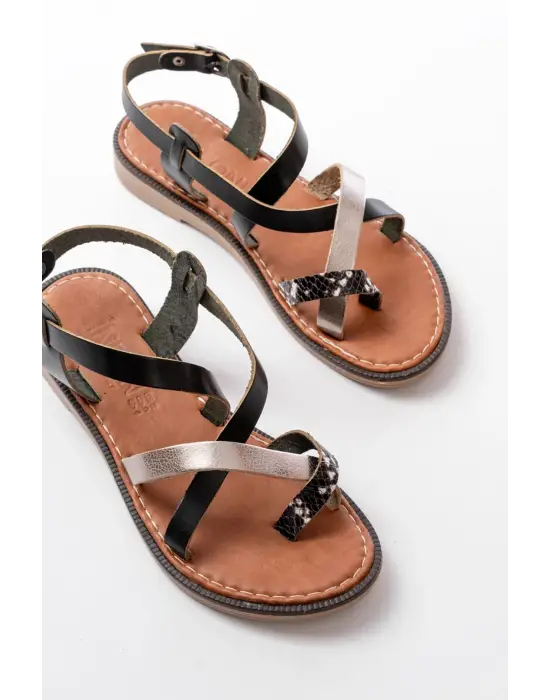 205-08 Siyah Garni  Ortopedik Hakiki Deri Kadın Sandalet