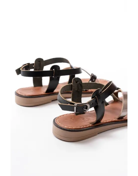 205-08 Siyah Garni  Ortopedik Hakiki Deri Kadın Sandalet