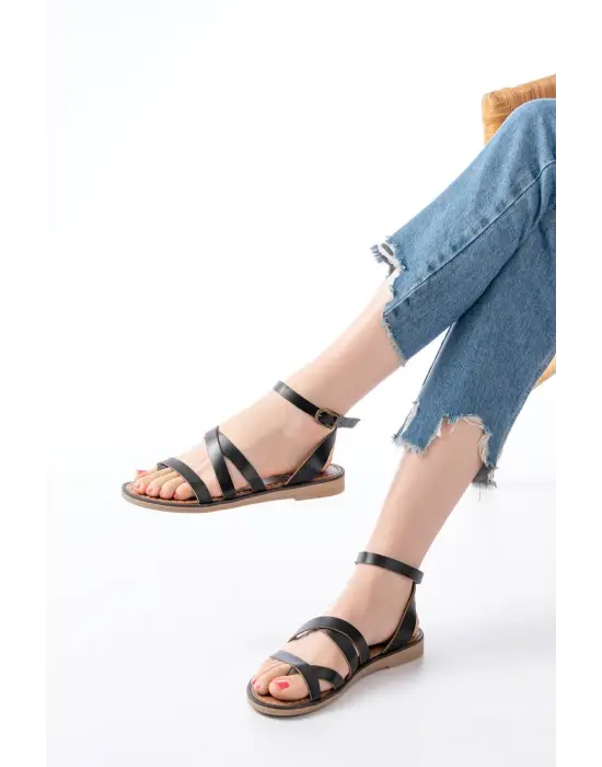 205-08 Siyah Ortopedik Hakiki Deri Kadın Sandalet