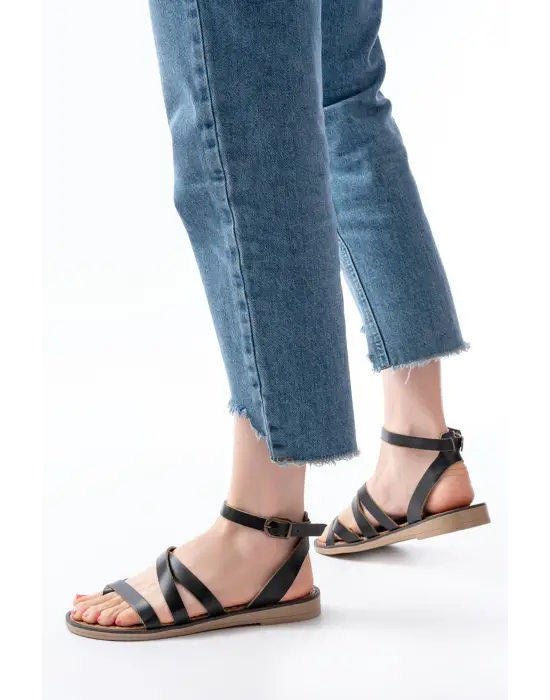 205-08 Siyah Ortopedik Hakiki Deri Kadın Sandalet