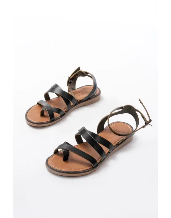 205-08 Siyah Ortopedik Hakiki Deri Kadın Sandalet