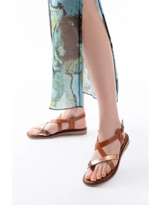 205-08 Taba Garni  Ortopedik Hakiki Deri Kadın Sandalet