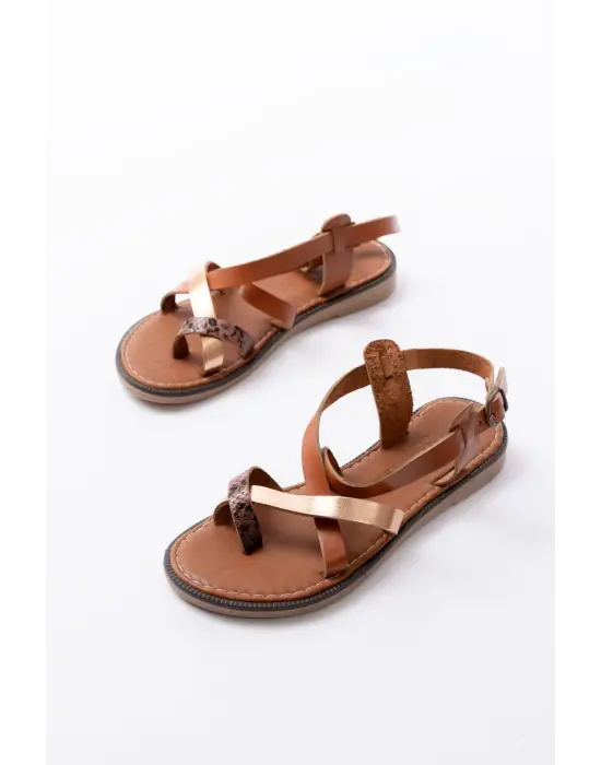 205-08 Taba Garni  Ortopedik Hakiki Deri Kadın Sandalet