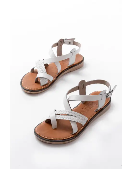 205-09 Beyaz Ortopedik Hakiki Deri Kadın Sandalet