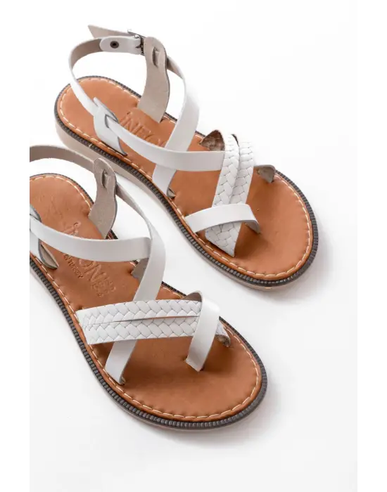 205-09 Beyaz Ortopedik Hakiki Deri Kadın Sandalet