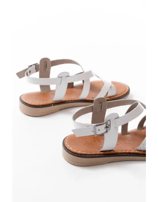 205-09 Beyaz Ortopedik Hakiki Deri Kadın Sandalet