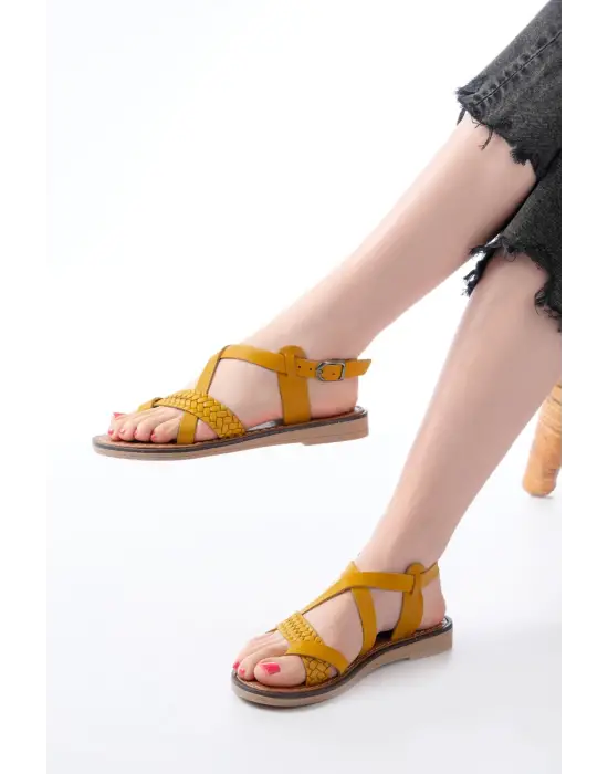 205-09 Hardal Ortopedik Hakiki Deri Kadın Sandalet