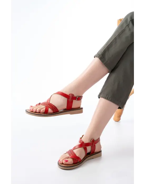 205-09 Kırmızı Ortopedik Hakiki Deri Kadın Sandalet