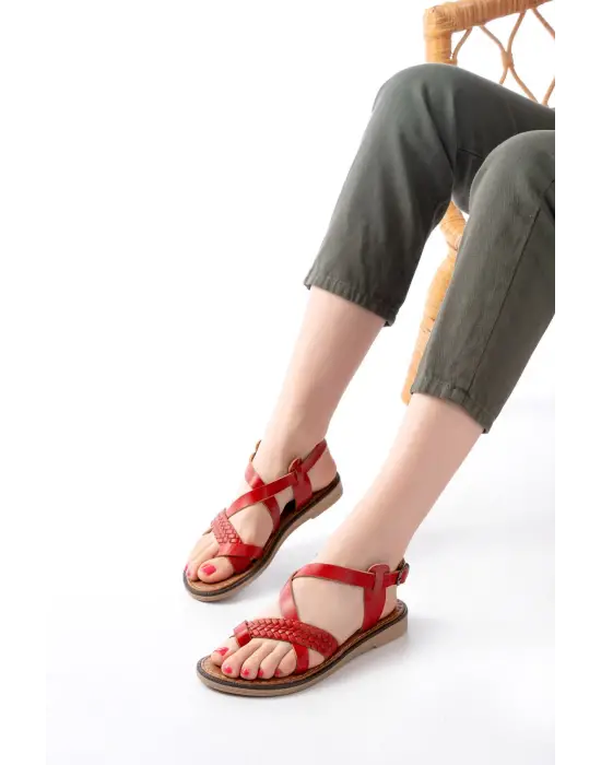 205-09 Kırmızı Ortopedik Hakiki Deri Kadın Sandalet