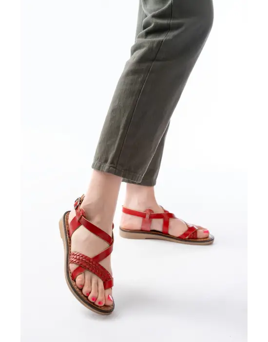 205-09 Kırmızı Ortopedik Hakiki Deri Kadın Sandalet