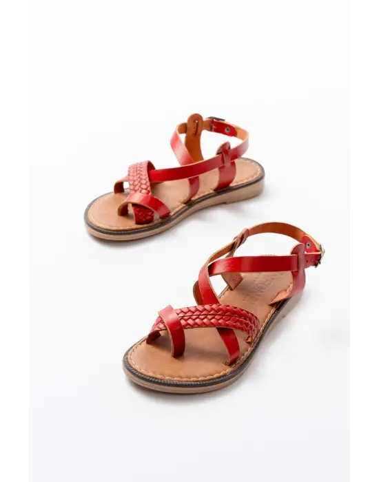 205-09 Kırmızı Ortopedik Hakiki Deri Kadın Sandalet