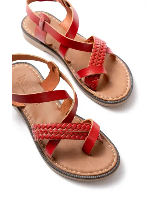205-09 Kırmızı Ortopedik Hakiki Deri Kadın Sandalet