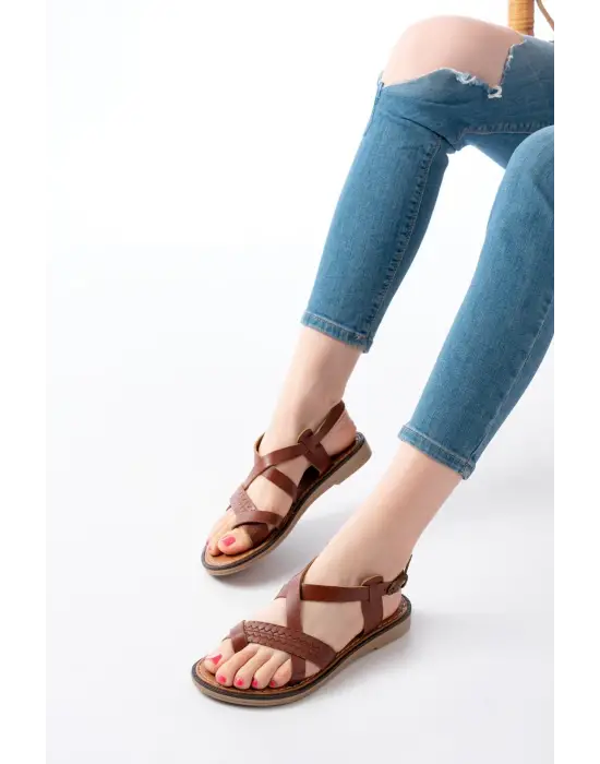 205-09 Koyu Kahve Ortopedik Hakiki Deri Kadın Sandalet